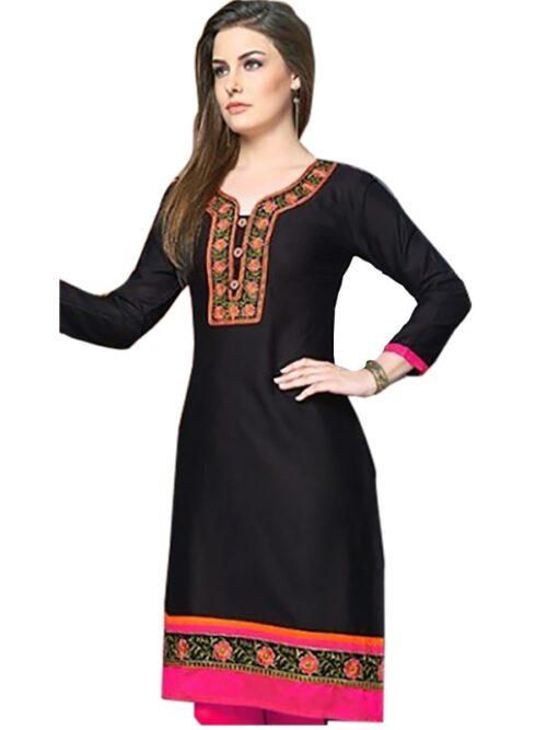 Generic Women’s Linen and Cotton Mix Kurtis (Black, Pink, L)