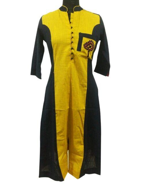 Generic Women’s Cotton Kurtis (Yellow, Black, L)