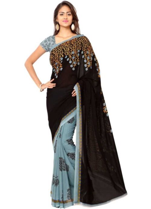 Printed Faux Georgette Brown Color Saree