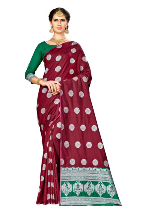 Generic Women’s Banarasi silk Saree with Blouse (Maroon, 5-6mtr)