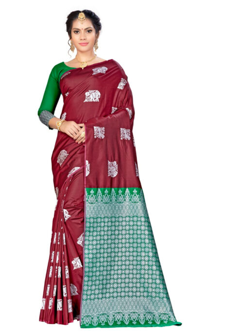 Generic Women’s Banarasi silk Saree with Blouse (Maroon, 5-6mtr)