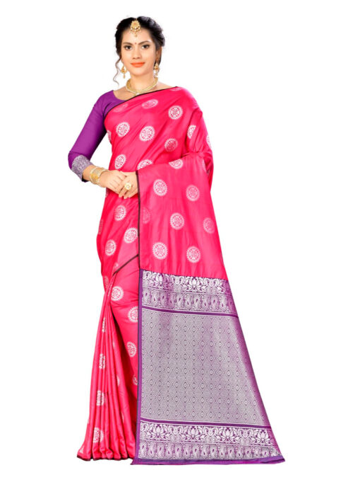 Generic Women’s Banarasi silk Saree with Blouse (Pink, 5-6mtr)