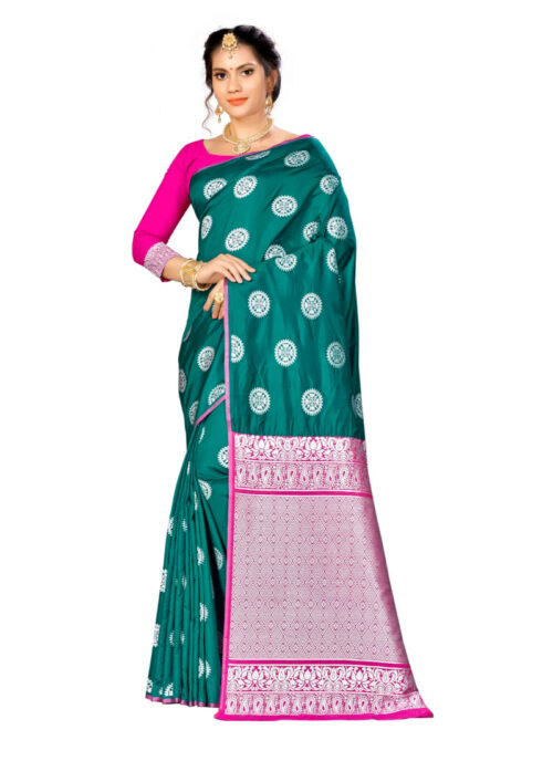 Generic Women’s Banarasi silk Saree with Blouse (Green, 5-6mtr)