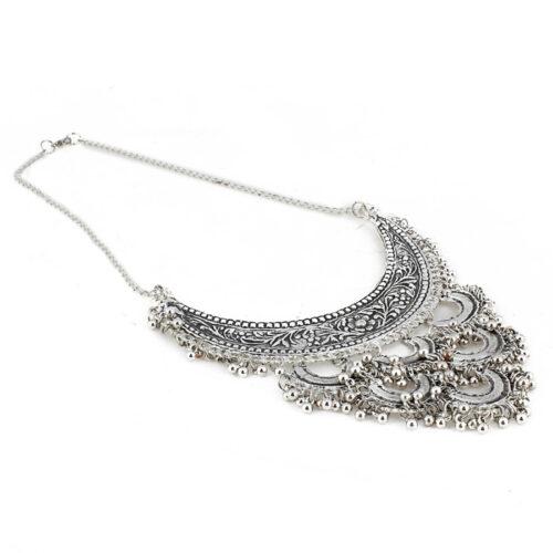 Antique Silver Half Moon Designed Tassel Necklace Set