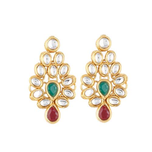 Gold Plated Green and Maroon Kundan Necklace with Earrings