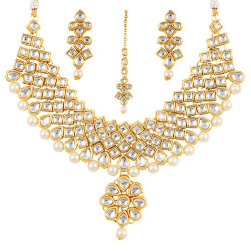 Gold Plated Traditional Kundan and Beads Choker Necklace Set with Earrings