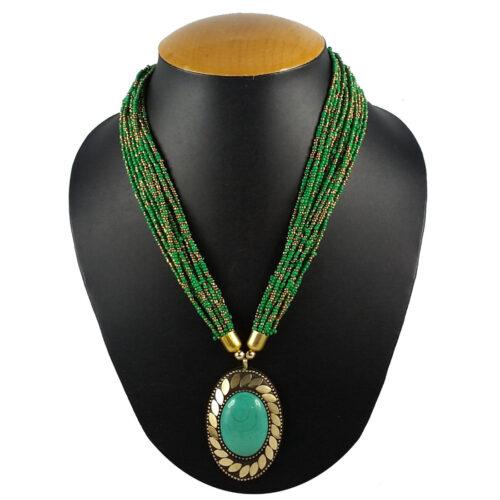 Green Color Beads Designer Tibetan Style Necklace