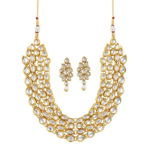 Gold Plated Green and Maroon Kundan Necklace with Earrings