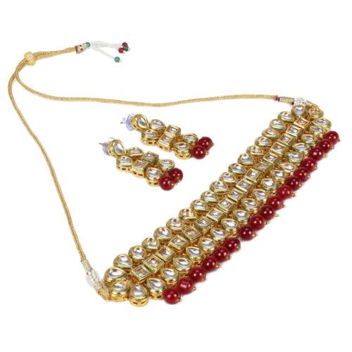 Elegant Gold Plated Bollywood Inspired Maroon Traditional Kundan Necklace Set