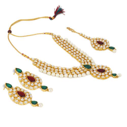 Gold Plated Kundan Pearl Party Wear Traditional Necklace Jewellery Set with Maang Tikka and Earring