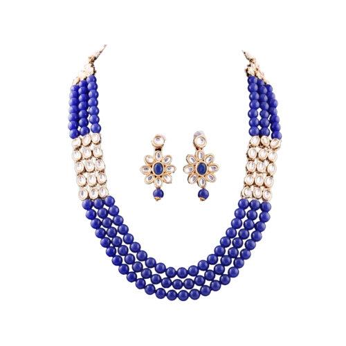 Elegant Finish Gold Plated Blue Kundan Necklace Set