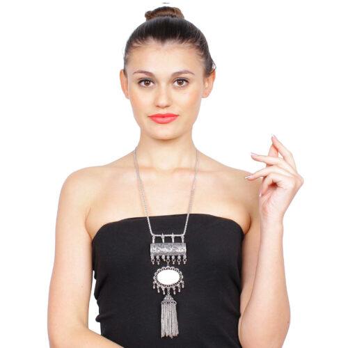 Antique Silver Half Moon Designed Tassel Necklace Set