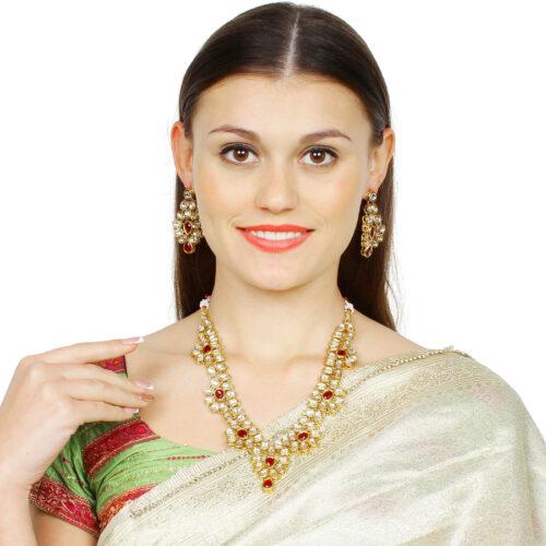 Elegant Inspired Traditional Kundan Necklace Set With Earrings