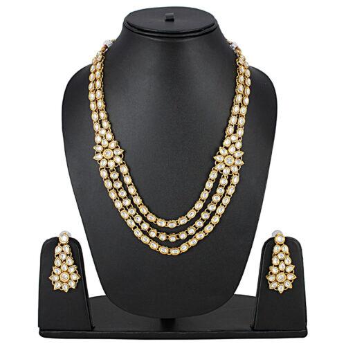 Designer Elegant Gold Plated Kundan Necklace Set with Earrings - Image 5