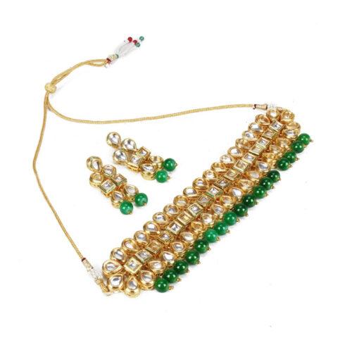 Elegant Gold Plated Bollywood Inspired Green Traditional Kundan Necklace Set - Image 3