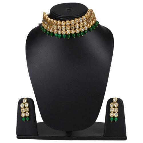 Elegant Gold Plated Bollywood Inspired Green Traditional Kundan Necklace Set - Image 4