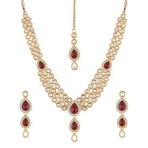 Traditional Layered Gold Plated Maroon Kundan Necklace with Earrings