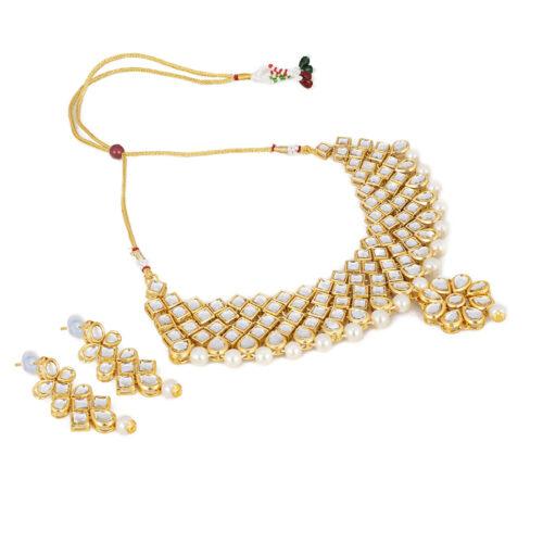 Gold Plated Traditional Kundan and Beads Choker Necklace Set with Earrings