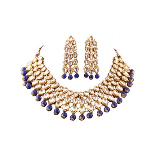 Elegant Finish Gold Plated Blue Kundan Necklace Set