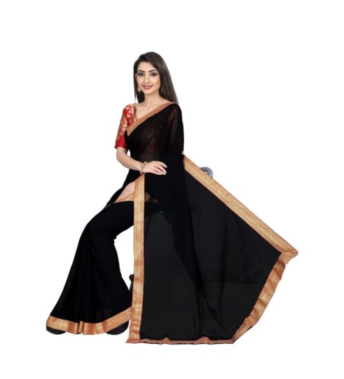 Generic Women’s Chiifon, Jacquard Blouse Saree(Black,5-6 Mtrs)