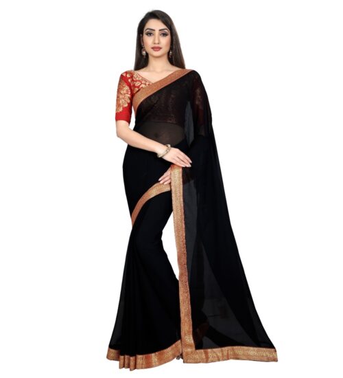 Generic Women’s Chiifon, Jacquard Blouse Saree(Black,5-6 Mtrs)