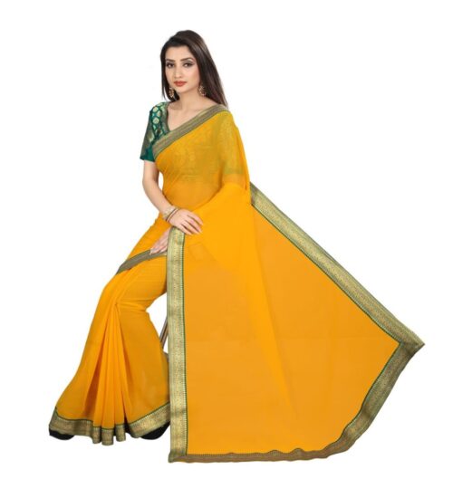 Generic Women’s Chiifon, Jacquard Blouse Saree(Yellow,5-6 Mtrs)