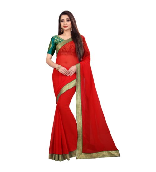 Generic Women’s Chiifon, Jacquard Blouse Saree(Red,5-6 Mtrs)