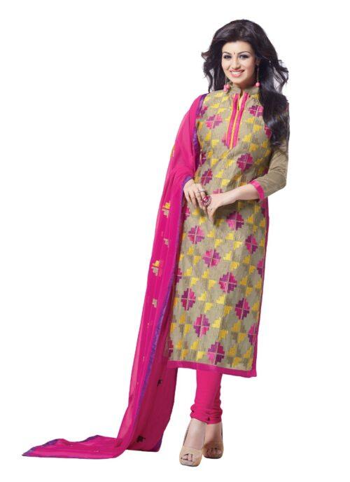 Generic Women’s Chanderi Unstitched Salwar Suit-Material With Dupatta (Beige,2.2 Mtrs)