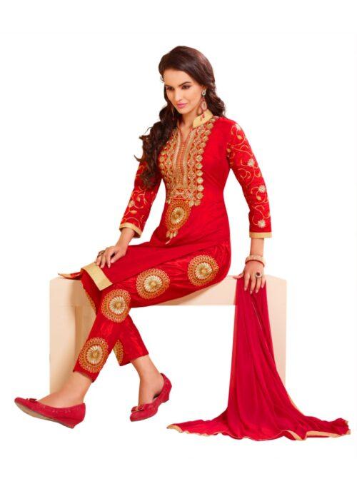 Generic Women’s Chanderi Unstitched Salwar Suit-Material With Dupatta (Red,2 Mtrs)