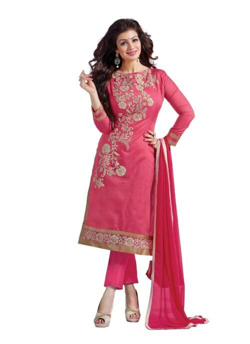 Generic Women’s Chanderi Unstitched Salwar Suit-Material With Dupatta (Pink,2 Mtrs)