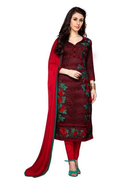 Generic Women’s Cotton Unstitched Salwar Suit-Material With Dupatta (Dark Maroon,2.3 Mtrs)