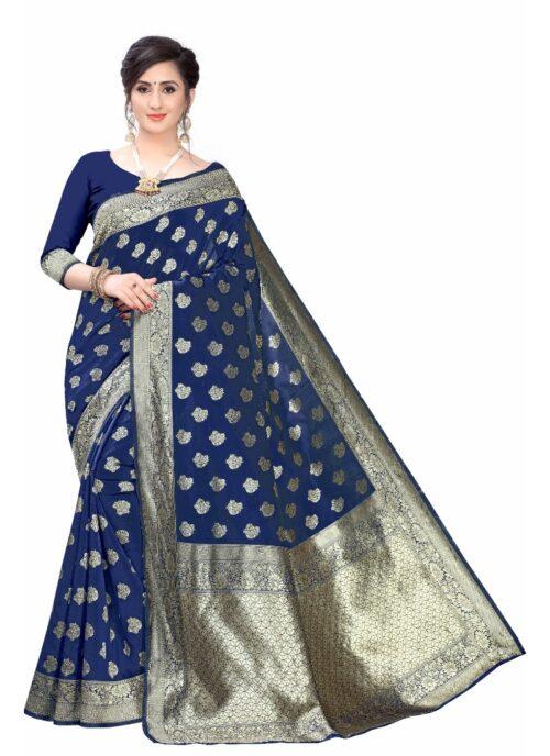 Generic Women's Banarasi Silk Jacquard Saree (Navy Blue ,5-6Mtrs)