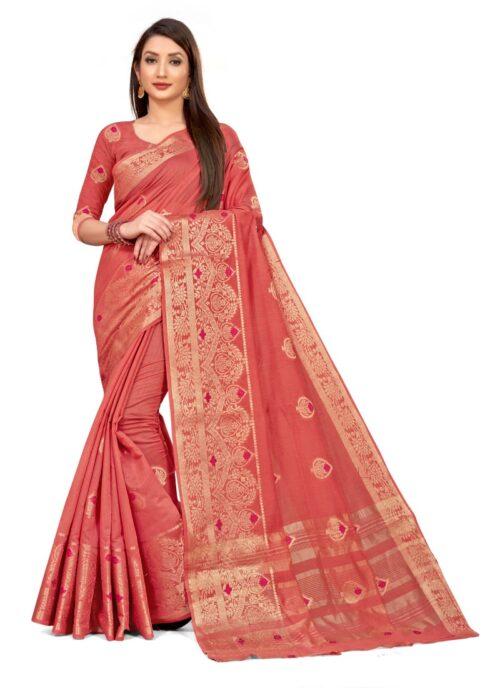 Generic Women’s Cotton Blend Saree (Peach ,5-6Mtrs)