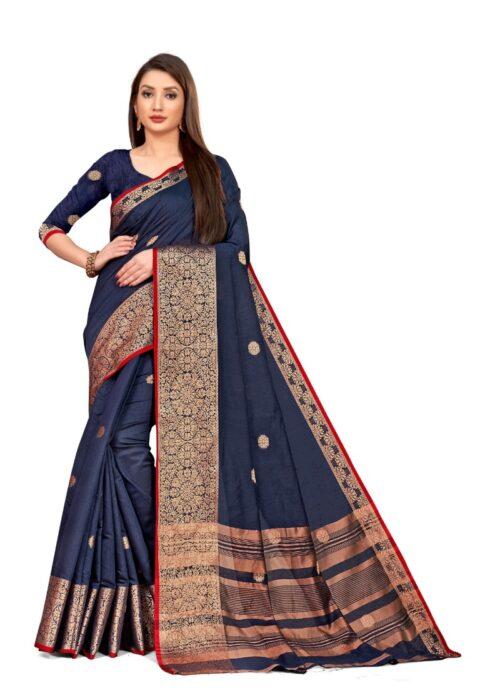 Generic Women's Cotton Blend Saree (Navy Blue ,5-6Mtrs)