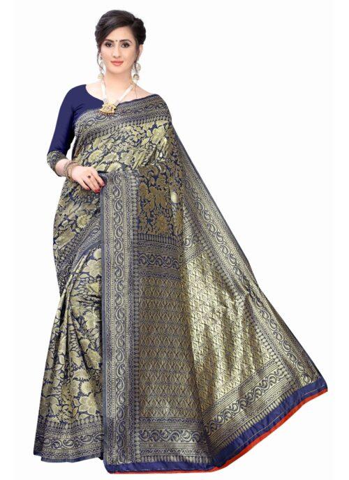 Generic Women's Banarasi Silk Jacquard Saree (Navy Blue ,5-6Mtrs)