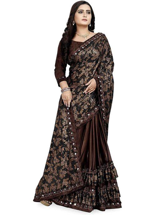 Generic Women’s Lycra Blend Sarees (Brown , 5-6Mtrs)