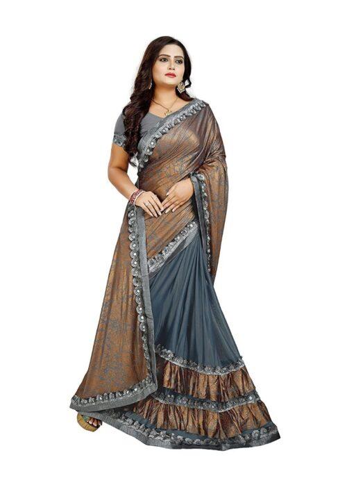 Generic Women's Lycra Blend Sarees (Greay And Brown , 5-6Mtrs) - Image 4