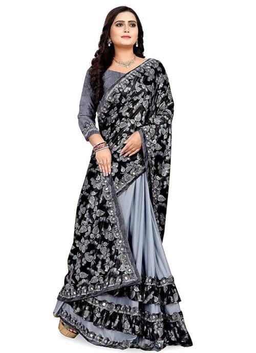 Generic Women's Lycra Blend Sarees (Greay , 5-6Mtrs) - Image 4