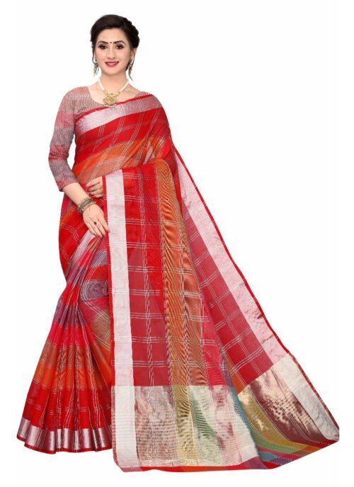 Generic Women's Cotton Blend Sarees (Red , 5-6Mtrs)