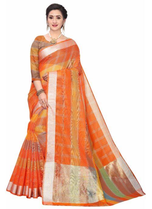 Generic Women’s Cotton Blend Sarees (Orange , 5-6Mtrs)