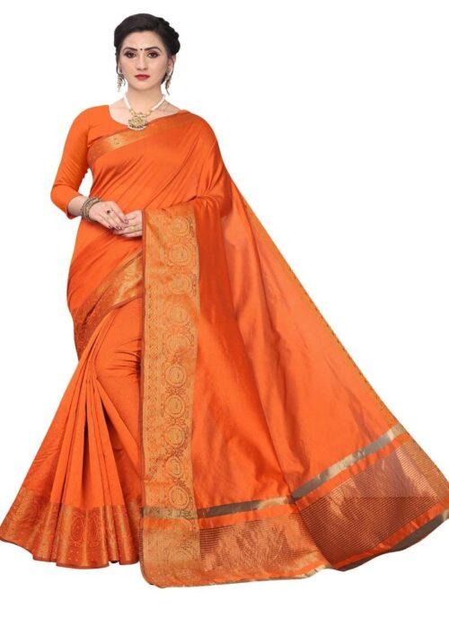 Generic Women’s Cotton Blend Sarees (Orange , 5-6Mtrs)