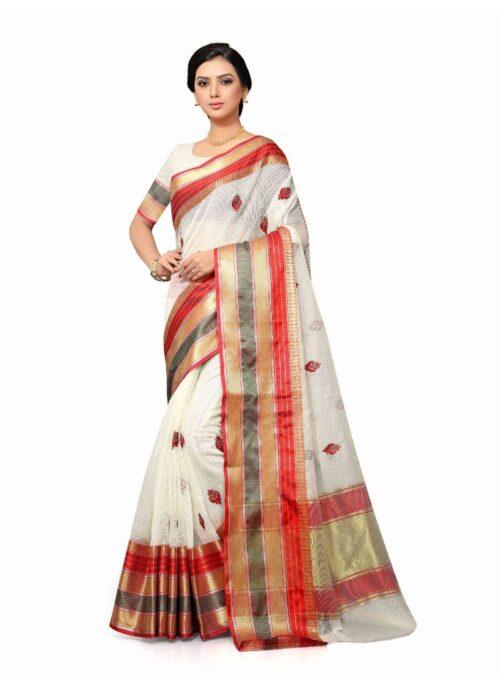 Generic Women’s Cotton Blend Sarees (White , 5-6Mtrs)