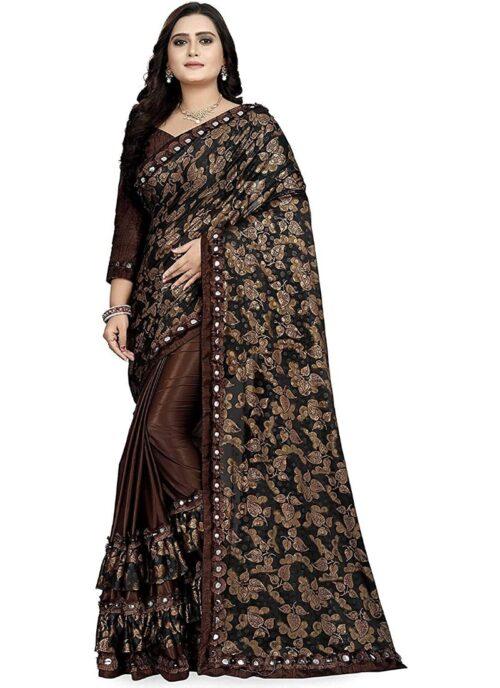 Generic Women’s Lycra Blend Sarees (Brown , 5-6Mtrs)