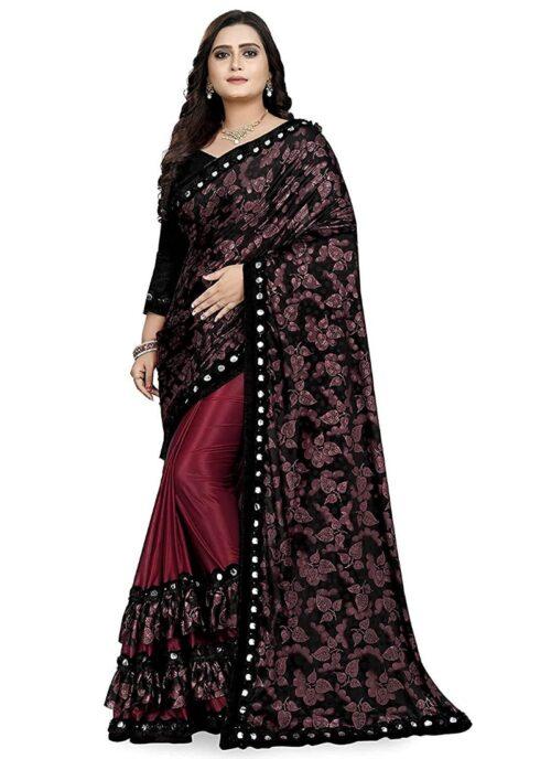 Generic Women’s Lycra Blend Sarees (Red And Brown , 5-6Mtrs)