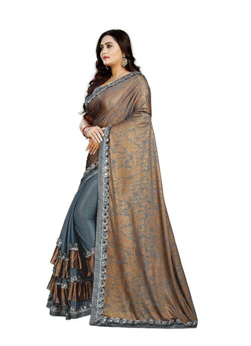 Generic Women's Lycra Blend Sarees (Greay And Brown , 5-6Mtrs) - Image 3