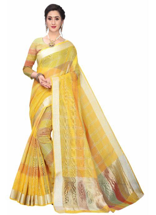 Generic Women’s Cotton Blend Sarees (Yellow , 5-6Mtrs)