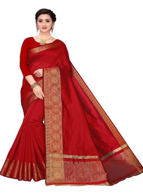 Generic Women’s Cotton Blend Sarees (Red , 5-6Mtrs)