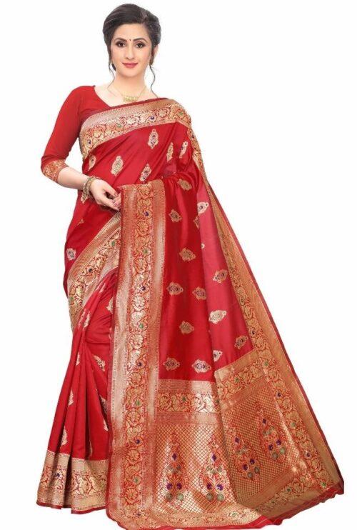 Generic Women's Jacquard Sarees (Red , 5-6Mtrs)