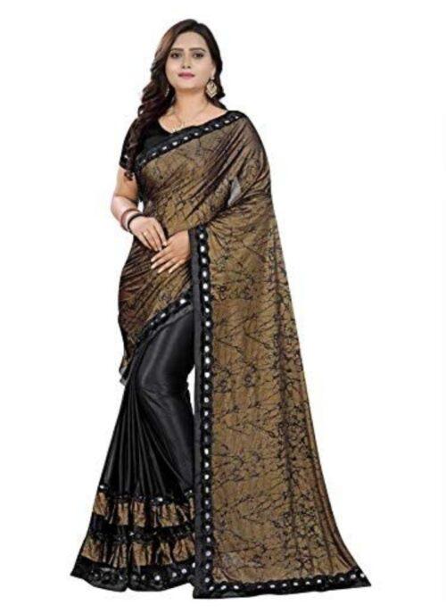 Generic Women’s Lycra Blend Sarees (Black And Brown , 5-6Mtrs)