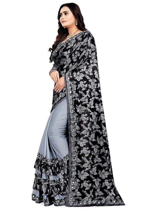 Generic Women's Lycra Blend Sarees (Greay , 5-6Mtrs) - Image 3